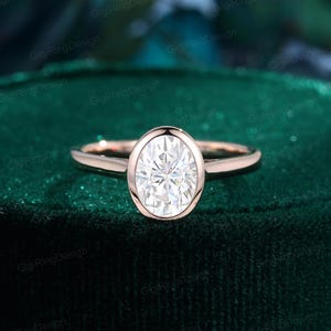 Bezel set Oval cut Moissanite engagement Ring 14K Rose gold wedding& engagement ring Unique art deco ring Bridal promise Anniversary gift