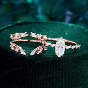 Marquise Moissanite engagement ring set Vintage rose gold enhancer ring Unique double diamond wedding ring Bridal set Promise Anniversary