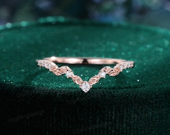 Vintage Art deco Rose gold wedding band Unique Moissanite wedding band Curved wedding ring matching band Bridal promise Anniversary band