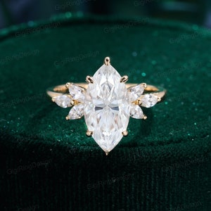 Marquise Moissanite engagement ring Unique Yellow solid gold engagement ring women vintage cluster ring Bridal promise ring Anniversary ring