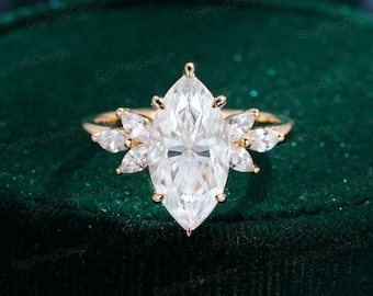 Marquise Moissanite engagement ring Unique Yellow solid gold engagement ring women vintage cluster ring Bridal promise ring Anniversary ring