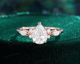 Pear shaped moissanite engagement ring unique vintage Rose gold engagement ring Cluster diamond wedding ring Bridal Promise Anniversary gift