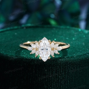 Marquise moissanite engagement ring Vintage Cluster diamond engagement ring 14/18K Yellow gold Art Deco ring Bridal Promise Anniversary gift