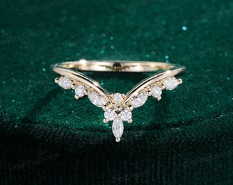 Unique moissanite wedding band Curved Diamond wedding ring Vintage Yellow gold wedding band matching band Bridal promise Anniversary gift