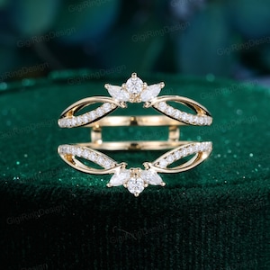 Unique Moissanite Curved wedding band Yellow gold double wedding band vintage marquise diamond enhancer ring matching bridal promise gift