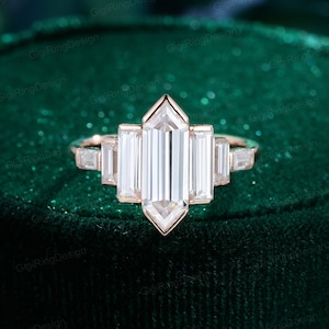 Hexagon Moissanite Verlobungsring Einzigartige Rose Gold Verlobungsring Cluster Baguette Ring Lünette Set Art-Deco Braut Versprechen Jahrestag Geschenk
