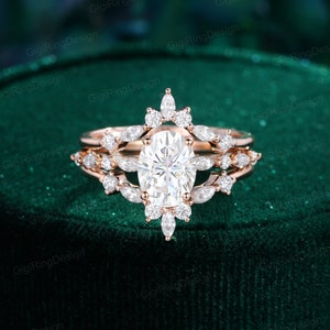 Vintage Oval cut moissanite engagement ring set 14K rose gold enhancer ring set Unique Marquise double row diamond Bridal Anniversary gift