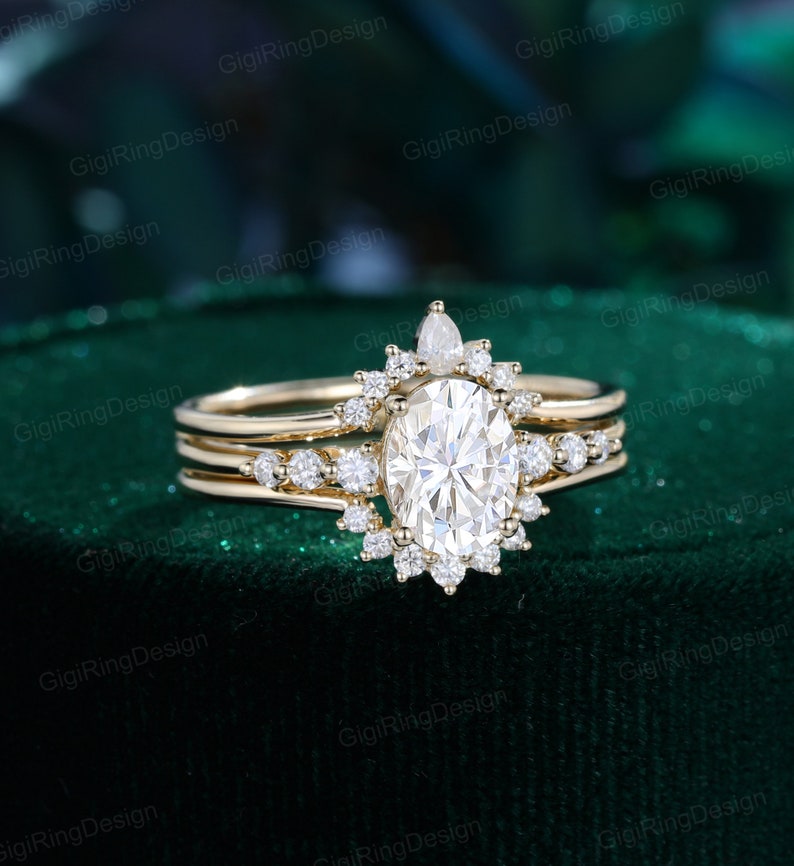 1.5CT Oval Cut Moissanite Engagement Ring Set 14K Yellow Gold Enhancer ...