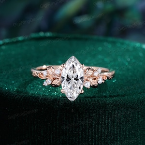 Marquise Lab grown diamond engagement ring leaf flower ring 14k Solid Rose gold ring art deco promise ring prong set unique anniversary ring