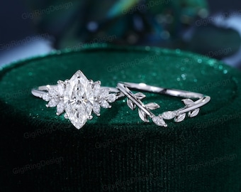Marquise lab grown diamond engagement ring Vintage Cluster diamond engagement ring set White gold Art Deco ring Bridal Promise Anniversary
