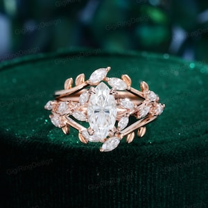1CT Marquise cut moissanite engagement ring set 14K rose gold enhancer ring set Unique Vintage double row diamond Bridal Anniversary gift