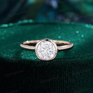 Bezel set Round cut Moissanite engagement Ring 14K Rose gold wedding& engagement ring Unique art deco ring Bridal promise Anniversary gift