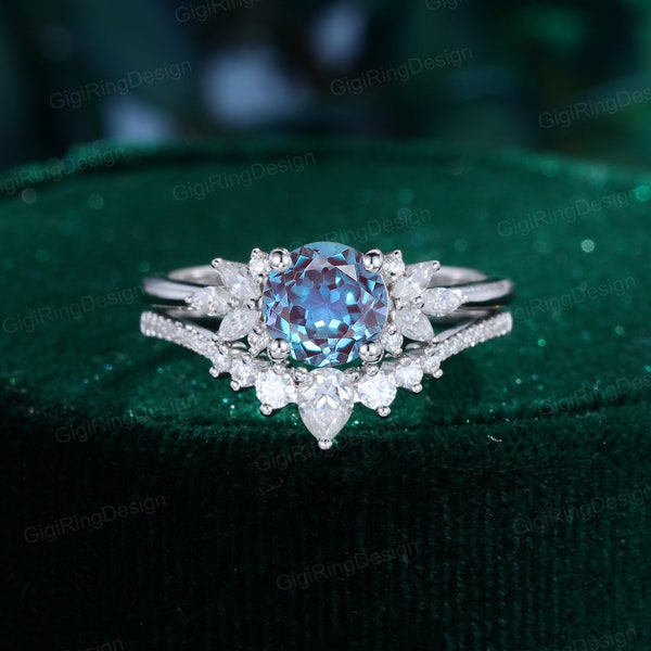 Vintage round Alexandrite engagement ring set Unique white gold moissanite engagement ring Cluster diamond ring Bridal Promise Anniversary