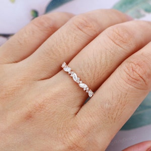 Rose gold wedding band women half eternity Marquise Moissanite wedding band vintage Matching Unique Bridal Stacking Promise gift for women image 9