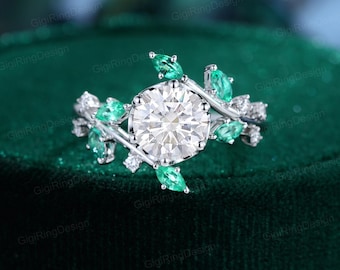 Vintage Round cut Moissanite engagement ring Unique White gold engagement ring leaf branch Diamond&Emerald ring Bridal Promise Anniversary