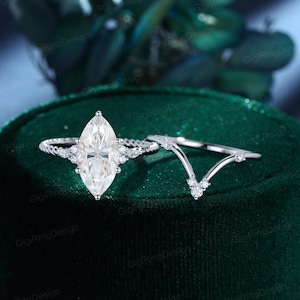 7*14mm Marquise moissanite engagement ring set Unique White gold engagement ring Vintage Cluster ring Twist ring Bridal Promise Anniversary