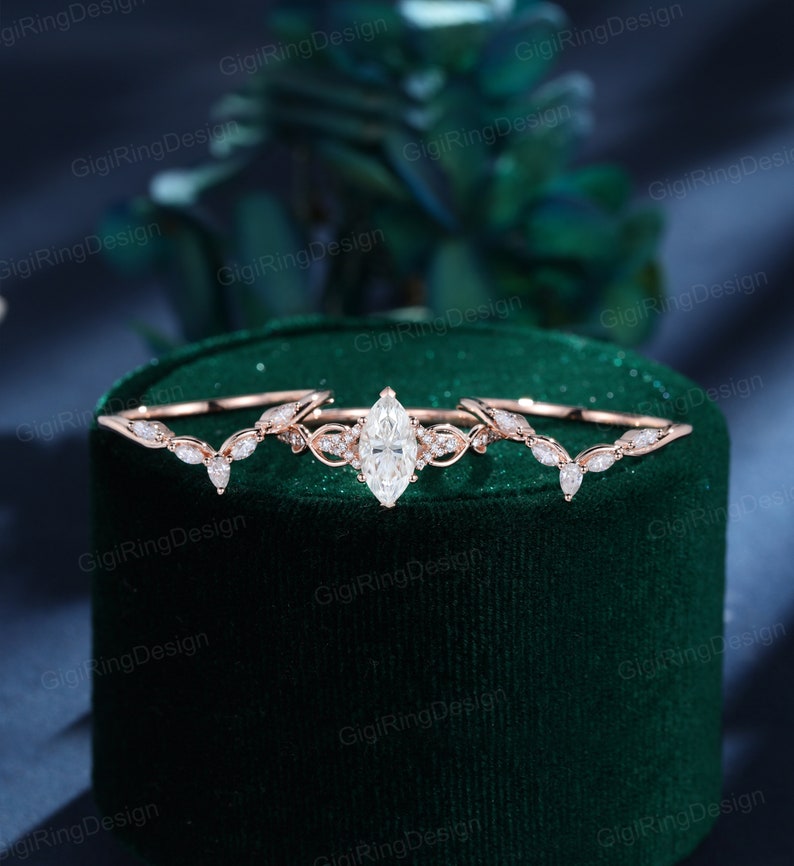 3pcs Marquise moissanite verlovingsring vrouwen Unieke Vintage 14k Rose gouden diamanten verlovingsring set Art Deco Bruidsbelofte Verjaardag afbeelding 4