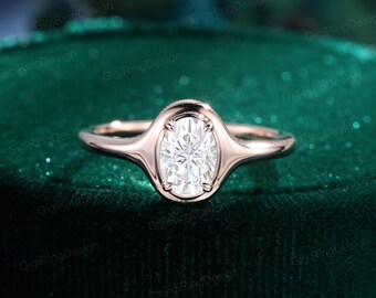 Bezel set Oval cut Moissanite engagement Ring 14K Rose gold wedding& engagement ring Unique art deco ring Bridal promise Anniversary gift