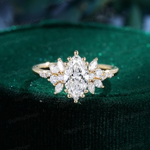 Marquise Lab grown diamond engagement ring  Solid Yellow gold marquise cluster ring art deco promise ring prong set unique anniversary ring