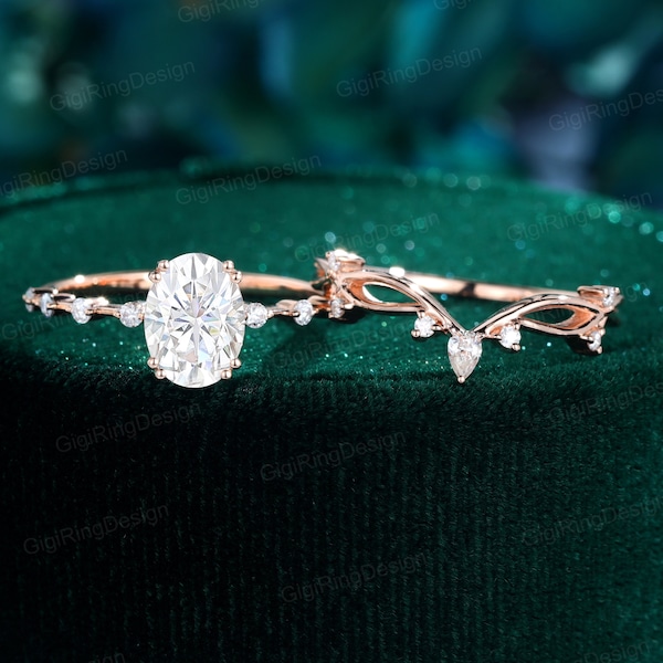 Oval Moissanite engagement ring set Unique Rose gold engagement ring women diamond engagement ring wedding Bridal set Anniversary Promise