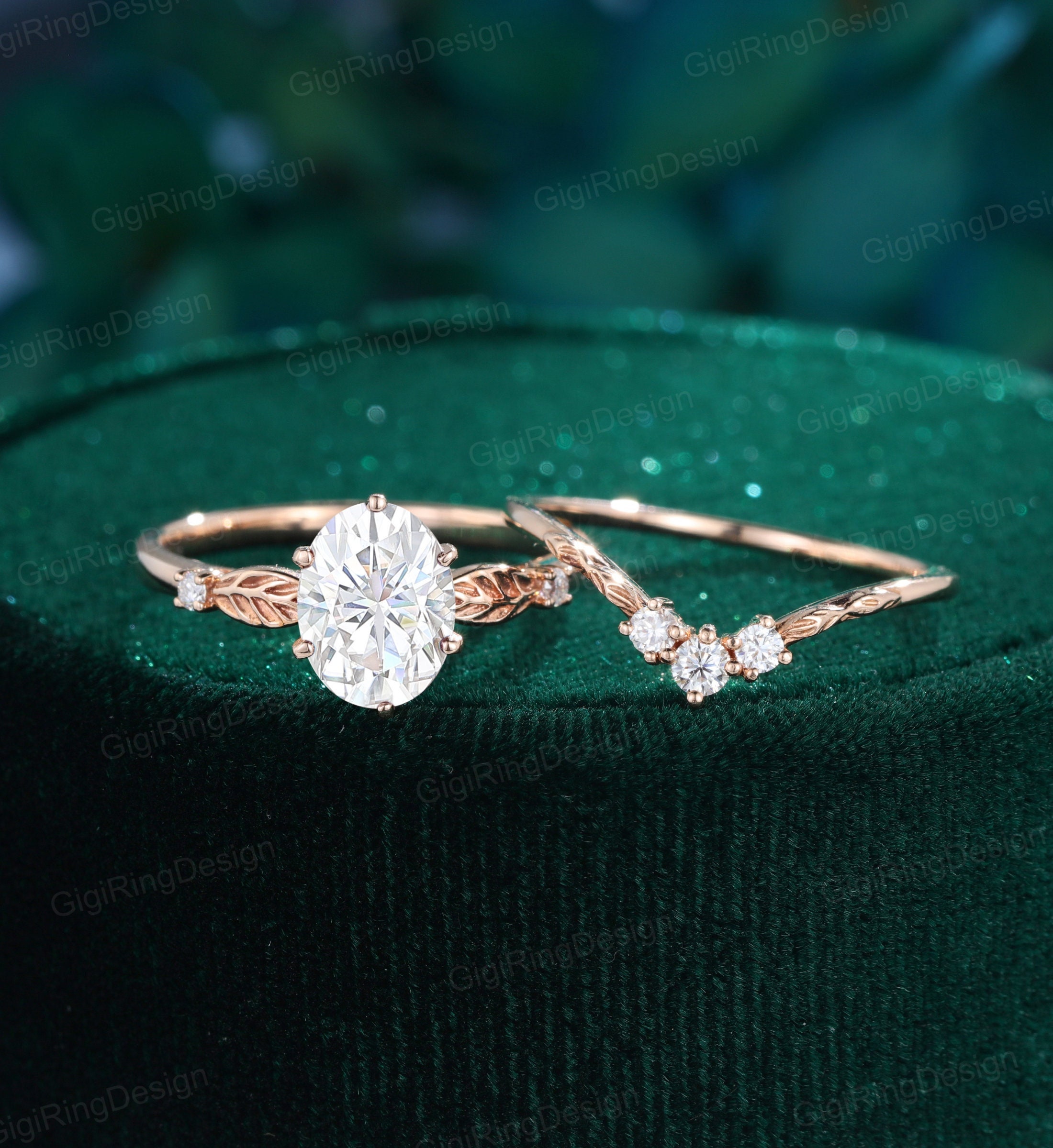 Oval Shape Moissanite Engagement Ring Set Leaf Ring Vintage Rose Gold ...