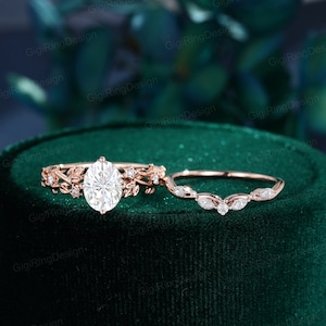 Unique Oval cut moissanite engagement ring set Yellow gold engagement ring set Vintage marquise moissanite engagement ring anniversary gift