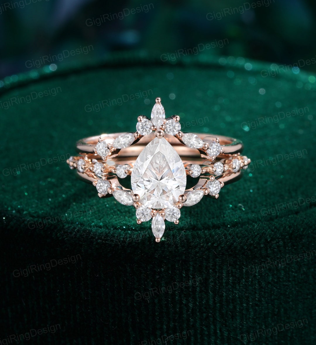 Vintage Pear Cut Moissanite Engagement Ring Set 14K Yellow Gold ...