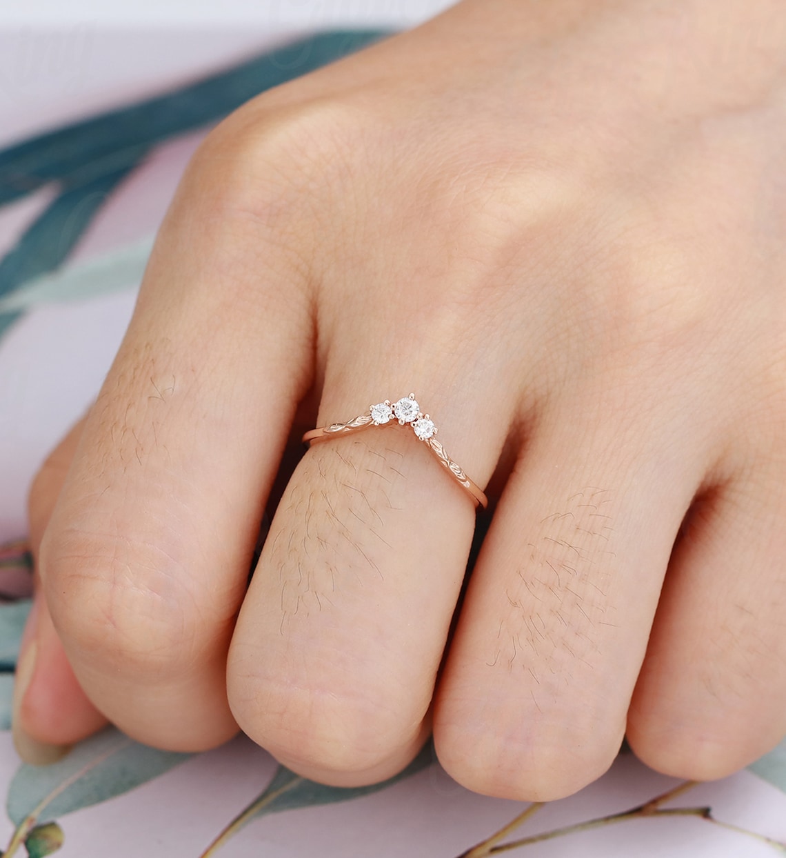 Vintage Art Deco Rose Gold Wedding Band Unique Moissanite Etsy