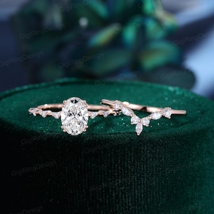 Unique Oval Lab Grown Diamond engagement ring set Rose gold diamond engagement ring Vintage engagement ring curved wedding band Bridal set