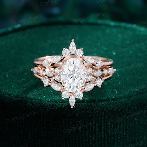 Unique Oval cut moissanite engagement ring set 14K rose gold enhancer ring set Vintage Marquise double row diamond Bridal Anniversary gift