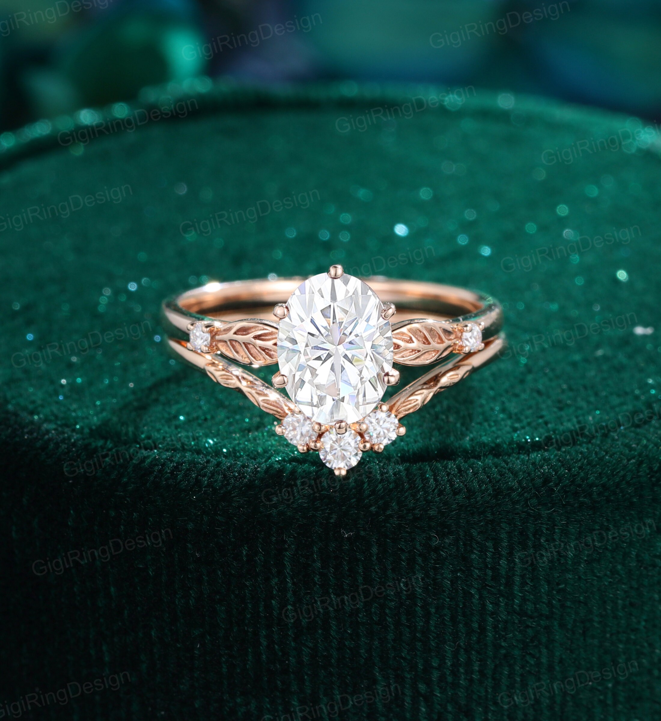 Oval Shape Moissanite Engagement Ring Set Leaf Ring Vintage Rose Gold ...