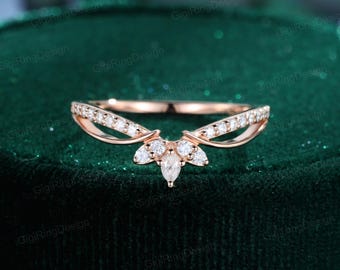 Vintage Art deco Rose gold wedding band Unique Moissanite wedding band Curved wedding ring matching band Bridal promise Anniversary band