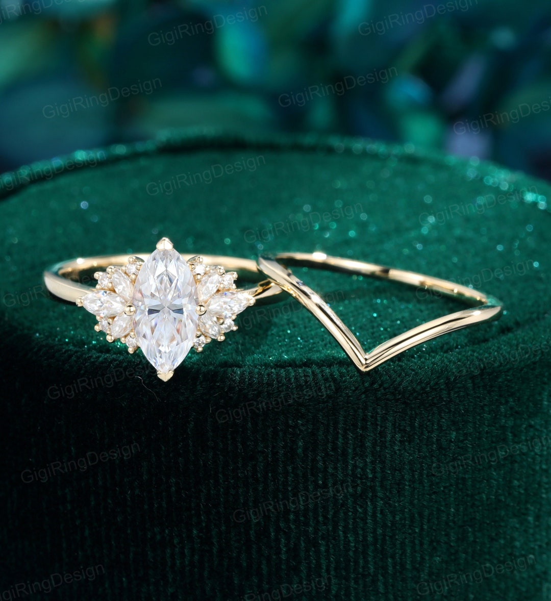 Yellow Gold Marquise Moissanite Engagement Ring Set Unique Vintage ...