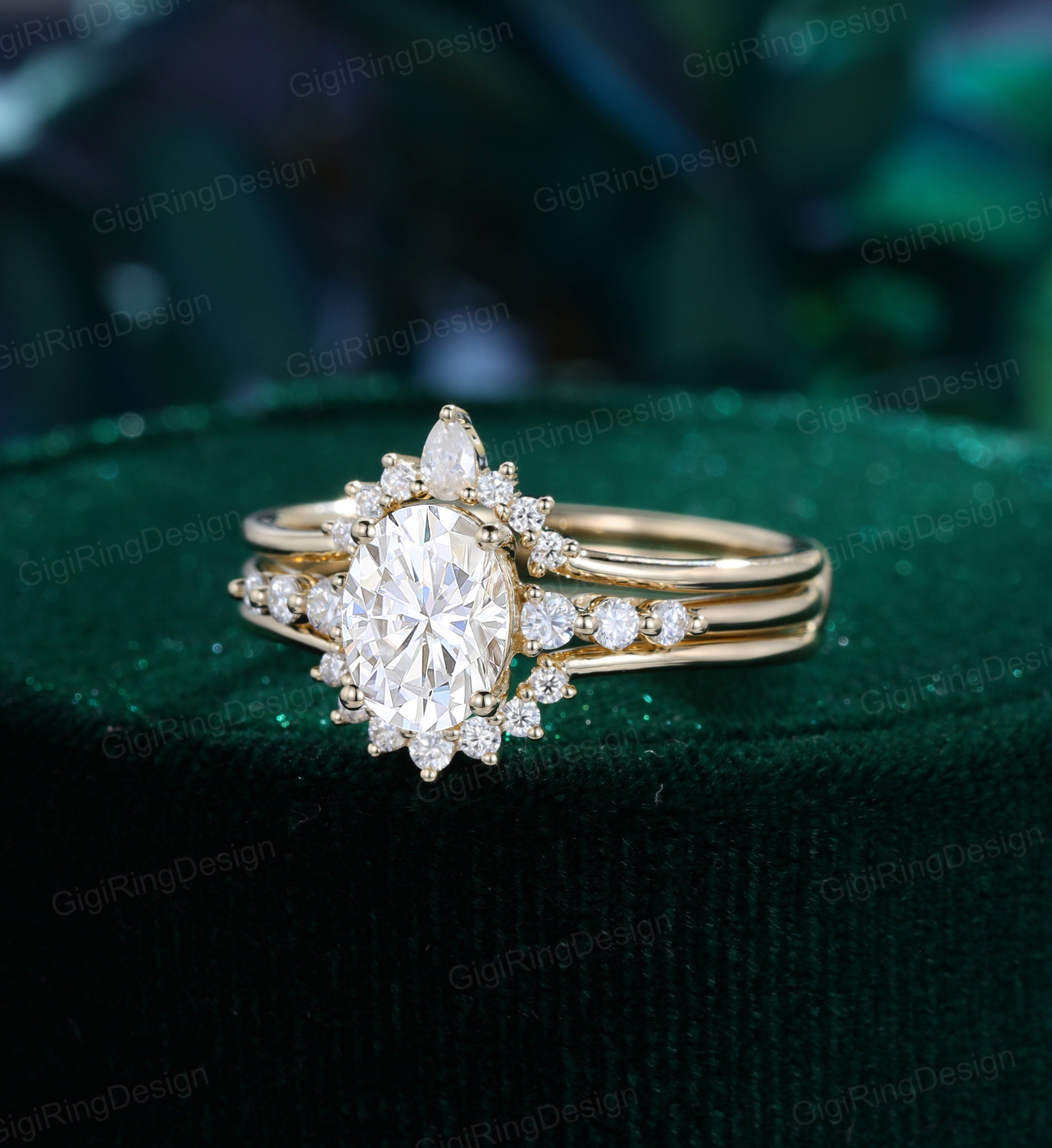 1.5CT Oval Cut Moissanite Engagement Ring Set 14K Yellow Gold Enhancer ...