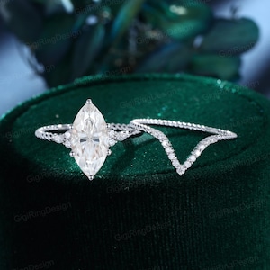 7*14mm Marquise moissanite engagement ring set Unique White gold engagement ring Vintage Cluster ring Twist ring Bridal Promise Anniversary
