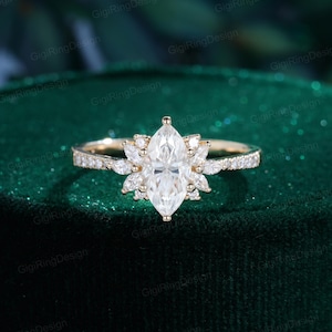 Yellow gold 1ct Marquise lab created diamond engagement ring women Unique engagement ring Vintage art deco diamond ring Bridal Promise ring