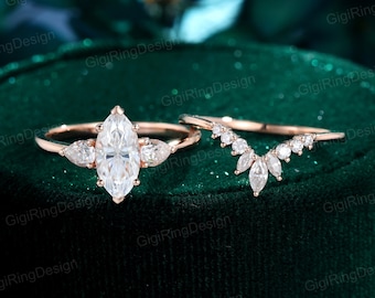 Marquise moissanite engagement ring set Vintage Rose gold moissnaite ring Unique Cluster engagement ring Bridal wedding Promise Anniversary