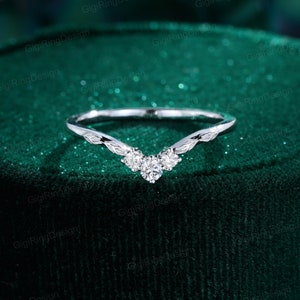 Vintage Art deco White gold wedding band Unique Moissanite wedding band Curved wedding ring matching band Bridal promise Anniversary band