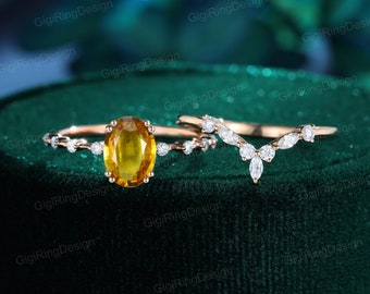 Oval Citrine engagement ring set vintage Rose gold moissanite engagement ring Unique diamond ring wedding Bridal Promise Anniversary gift