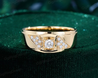 Vintage Solid Gold Moissanite Ring Men's ring Channel Set Moissanite Ring 14k Yellow Gold Engagement Ring Diamond man ring wedding ring