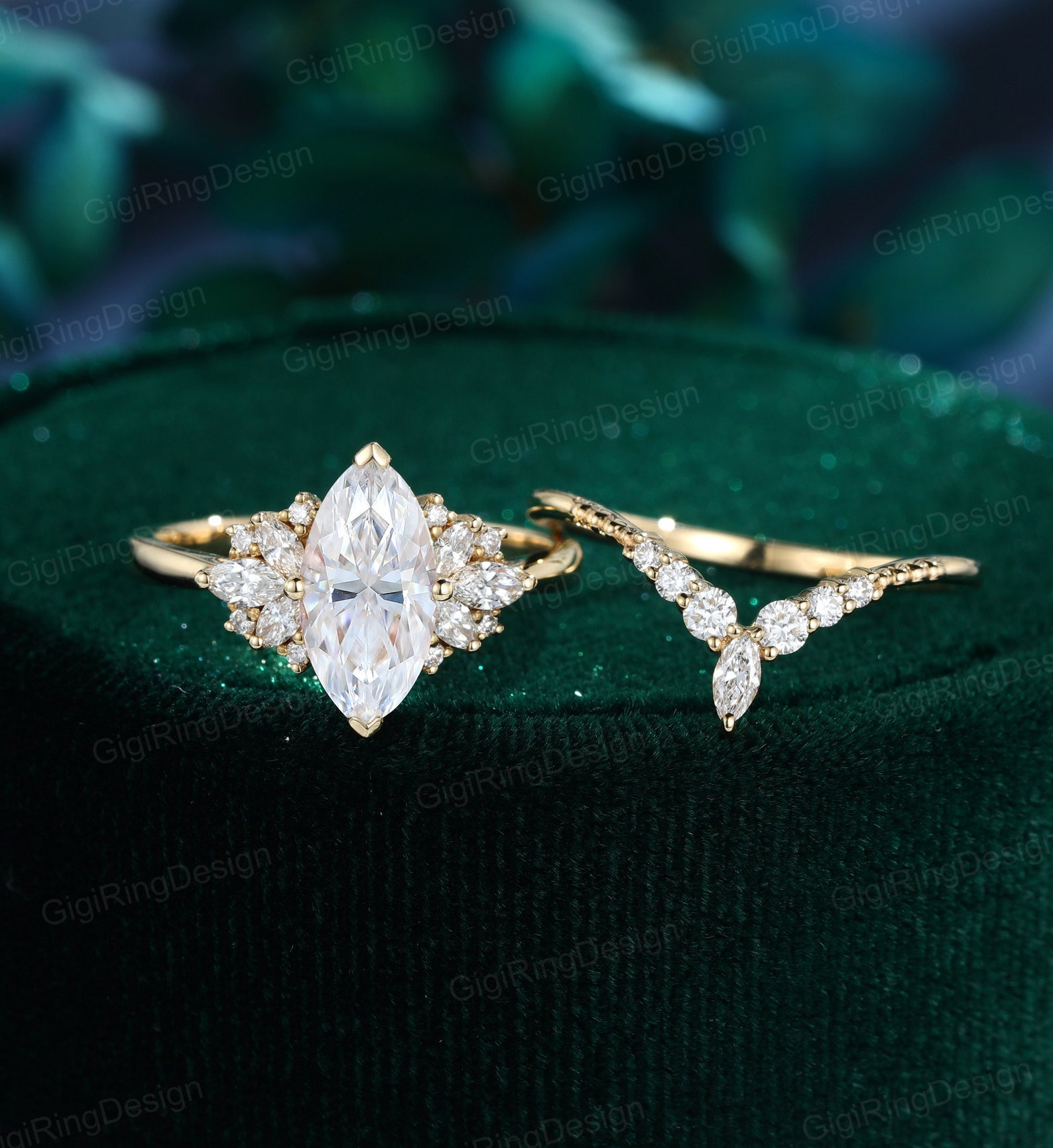 Yellow Gold Marquise Moissanite Engagement Ring Set Vintage Marquise ...