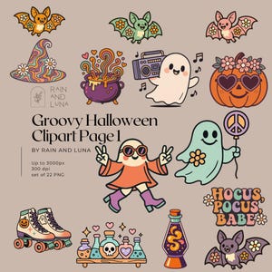 Lot de cliparts Halloween groovy - PNG de style rétro des années 70