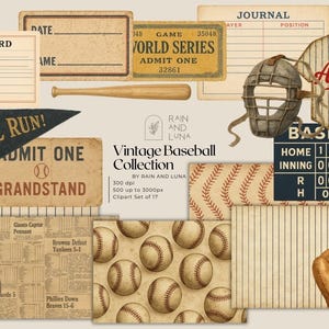 May include: A vintage baseball-themed collection featuring a baseball, scorecard, pennant, ticket, journal, jersey, catcher's mask, scoreboard, baseball glove, and baseballs. The items are in shades of beige, brown, and navy blue.