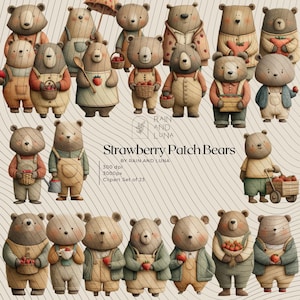 May include: A collection of 23 whimsical bear illustrations, each depicted in various outfits and poses, many holding strawberries or baskets. The bears are in a soft, watercolor style, with the text "Strawberry Patch Bears" and "Rain and Luna" visible.