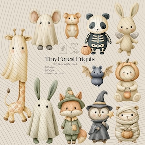 May include: A digital clipart set titled Tiny Forest Frights by Rain and Luna featuring eleven watercolor-style illustrations of animals in Halloween costumes, including a ghost giraffe, a skeleton panda, a bat, a pumpkin bear, and a mummy bear.