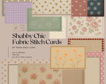 Tarjetas de puntadas de tela Shabby Chic: 14 tarjetas PNG con detalles de puntadas