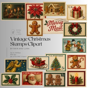 Vintage Christmas Stamps Clipart PNG Bundle