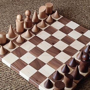 Wooden chess set with 3.38” king, Handmade minimalistic chess set, Walnut and Maple board, Solid beech pieces non weighted, gift for him