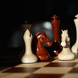 The Pindus chess set, Chess pieces with red wood-Handmade chess pieces made by SGW-Wood chess pieces with padauk and maple-Heavily weighted
