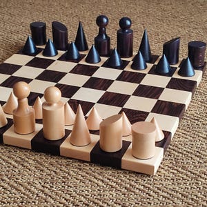 Black Wooden Geometrical chess set with 3.38” king, Handmade minimalistic chess set, Wenge and Maple board, Solid beech pieces, gift for him